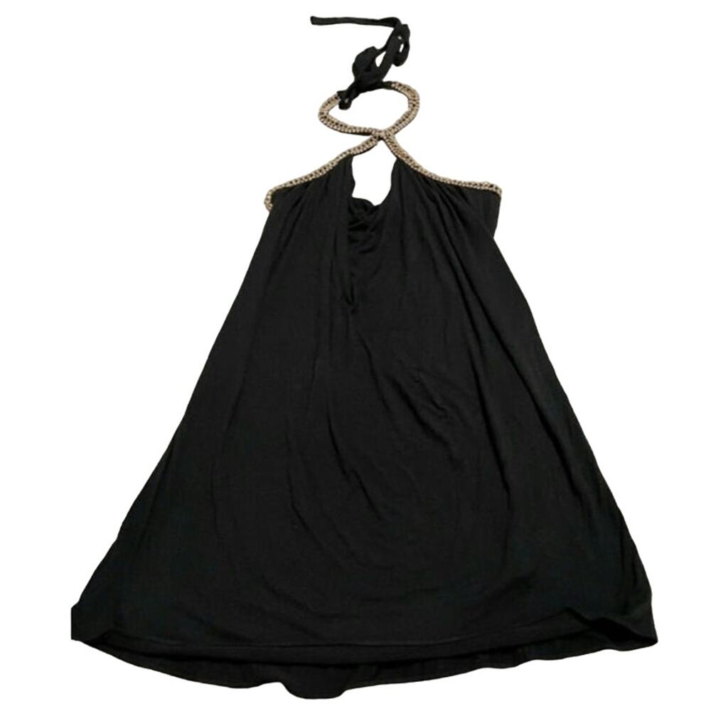 Sky Black Halter Mini Dress/Long Top Gold & Rhinestone Keyhole Tie Neck Small